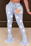 hulianfu - White Sexy Print Ripped Mid Waist Boot Cut Denim