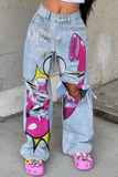 hulianfu - Baby Blue Street Cartoon Print Ripped Mid Waist Loose Denim Jeans