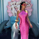 New Style Women's Party Dress Irregular Open Back Dress Hanging Neck Tassel Long Dress