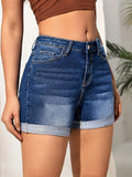 Women's High-Waisted Stretch Denim Shorts, Fashionable Slim Fit with Whisker Detailing and Cuffed Hem, Street Style, Blue Jean Shorts for Spring/Summer