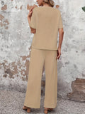 Two-Piece Elegant Crew Neck Short Sleeve Top and Split Wide Leg Pants Set - Soft Micro Elastic Polyester Fabric, Solid Color, and Classic Style for Spring/Summer - Womens Clothing Outfit