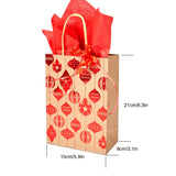 12-Pack Festive Red Foil Print Kraft Gift Bags with Handles, Includes Red Wrapping Paper and Matching Ribbons for Holiday, New Year, and Birthday Party Supplies