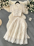 Summer Korean Small Fragrance Style Lace Set Two Piece Suit Hook Flower Short Sleeve Shirt Tops Midi Skirt Womens Outfits 240319