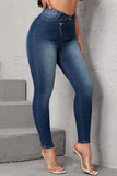 hulianfu - Deep Blue Casual Solid Patchwork High Waist Skinny Denim Jeans