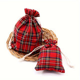 10 Pcs Festive Red Plaid Reusable Cotton Drawstring Bags - Perfect for Wedding, Birthday, Christmas, and More Decorative Occasions