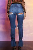 hulianfu - Blue Fashion Casual Solid Ripped Slit Mid Waist Regular Denim Jeans