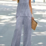 Two-Piece Stripe Print Casual Outfit - Comfortable Crew Neck Tank Top & Wide Leg Pants Set - Polyester Woven, No Elasticity, Spring/Fall Wear, No Sheer