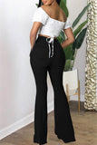 hulianfu - Black Fashion Casual Solid Ripped High Waist Regular Denim Jeans