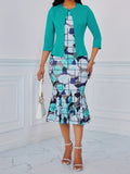 Womens Elegant Spring Floral Print Mermaid Dress Set - Crew Neck, Three Quarter Sleeve, Regular Fit, Polyester, Mid Elasticity, All Seasons - Solid Color Open Front Outerwear Included