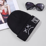 Trendy Sad Face Embroidery Graphic Beanie - Skullies & Beanies with Cuffed Design, Black & White Knit, Hip Hop Style, Casual Wear for Women and Men - Fashionable Winter Accessories