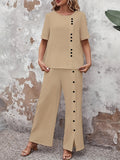 Two-Piece Elegant Crew Neck Short Sleeve Top and Split Wide Leg Pants Set - Soft Micro Elastic Polyester Fabric, Solid Color, and Classic Style for Spring/Summer - Womens Clothing Outfit