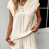 Solid Textured Two-piece Set, Button Front V Neck Short Sleeve Top & Wide Leg Shorts Outfits, Women's Clothing