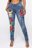 hulianfu - Light Blue Fashion Casual Print Patchwork Mid Waist Skinny Denim Jeans