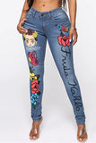 hulianfu - Light Blue Fashion Casual Print Patchwork Mid Waist Skinny Denim Jeans