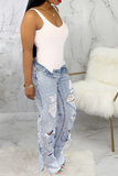 hulianfu - Black Casual Patchwork Ripped Mid Waist Boot Cut Denim Jeans