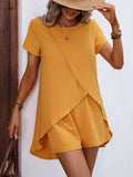 Lightweight & Chic Womens Two-piece Set - Short Sleeve Asymmetrical Tee with Elastic Waist Shorts - Effortless Summer Outfit