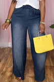 hulianfu - Light Blue Casual Solid Bandage Patchwork High Waist Straight Denim Jeans