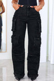 hulianfu - Fluorescent Pink Casual College Solid Ripped Make Old Patchwork Pocket High Waist Denim Jeans