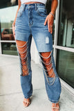 hulianfu - Light Blue Street Solid Ripped Chains Loose Denim Jeans