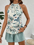 Two-Piece Tropical Floral Print Off the Shoulder Elegant Outfit - Belted Shorts & Halter Neck Top Set for Spring and Summer - Polyester Woven, No Elasticity, Random Printing, Womens Clothing