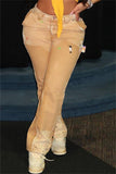 hulianfu - Khaki Casual Solid Patchwork Regular High Waist Conventional Patchwork Jeans