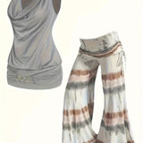 Two-Piece Tie Dye Wide Leg Pants Outfit - Cowl Neck Vest with Drawstring, Micro Elasticity, and Machine Washable - Spring/Summer Casual Wear for Women