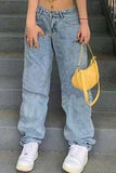 hulianfu - Baby Blue Fashion Casual Print Patchwork High Waist Regular Denim Jeans