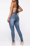 hulianfu - Light Blue Fashion Casual Print Patchwork Mid Waist Skinny Denim Jeans