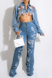 hulianfu - The cowboy blue Fashion Casual Solid Ripped Patchwork High Waist Regular Denim Jeans