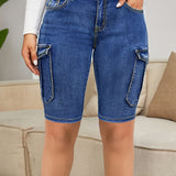Womens Premium Denim Cargo Shorts - Stretchy Elastic Slim Fit, Versatile Knee-Length, Effortless Casual Style - High-Waist Design, Functional Pockets, Comfortable and Flattering Silhouette