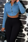 hulianfu - Blue Sexy Solid Backless Turndown Collar Long Sleeve Skinny Denim Jacket