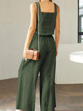 Summer Womens Fresh Fashion Square Neck Sleeveless Tank Top & Wide Leg Long Pants Set - Comfortable, Breathable, Relaxed Fit, European and American Style, Leisure Wear, Suspended Design, Two-Piece Outfit