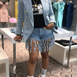 Ultra-Stretch Carnaval Fringe Denim Shorts - Fashionable Washed Blue, High Waist Party Style - For Trendsetting Women