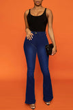 hulianfu - Blue Casual Solid Patchwork High Waist Boot Cut Denim Jeans