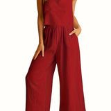 Summer Womens Fresh Fashion Square Neck Sleeveless Tank Top & Wide Leg Long Pants Set - Comfortable, Breathable, Relaxed Fit, European and American Style, Leisure Wear, Suspended Design, Two-Piece Outfit
