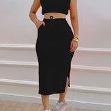 Chic Womens Two-Piece Outfit Set - Sleeveless Tank & Drawstring Split Skirt - Soft Breathable Casual Wear - Adjustable Fit for Fashionable Comfort
