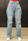 hulianfu - Blue Casual Solid Ripped Patchwork High Waist Regular Denim Jeans