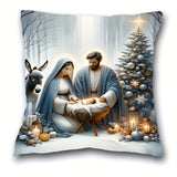 1pc French-Style Knit Fabric Throw Pillow Cover with Nativity Scene Design, Machine Washable Zipper Closure, Polyester Decorative Pillowcase for Living Room, Christmas Themed Home & Bedroom Decor 17.7"x17.7" (Excluding Pillow Insert)