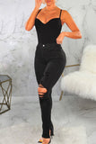 hulianfu - Black Casual Solid Ripped Patchwork Slit High Waist Denim Jeans