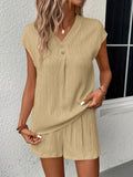 Solid Textured Two-piece Set, Button Front V Neck Short Sleeve Top & Wide Leg Shorts Outfits, Women's Clothing
