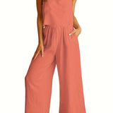 Summer Womens Fresh Fashion Square Neck Sleeveless Tank Top & Wide Leg Long Pants Set - Comfortable, Breathable, Relaxed Fit, European and American Style, Leisure Wear, Suspended Design, Two-Piece Outfit