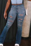 hulianfu - Blue Street Gradual Change Print Ripped Patchwork High Waist Denim Jeans