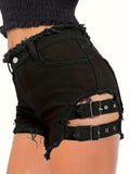 Womens High-Waisted Distressed Denim Shorts - Fashionable Cut-Outs, Buckle Accents, Frayed Hem, Non-Stretch Solid Color Summer Shorts for Elegant Casual Wear - Woven, No Printing, Spring/Summer Season