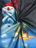 Elegant V-Neck Christmas Lantern Sleeve T-Shirt with Contrast Mesh Detail, Polyester Blend with Slight Stretch, Knit Fabric Regular Fit Pullover - Festive Snowman and Lantern Print