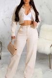 hulianfu - Apricot Casual Solid Patchwork Buckle Turndown Collar Long Sleeve Straight Denim Jacket