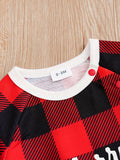 Merry Christmas Cute Toddler's Jumpsuit, Plaid Alphabet Graphic Sweatshirt Raglan Sleeves Baby Onesies