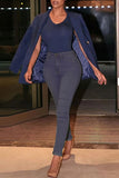 hulianfu - Light Blue Casual Solid Basic Mid Waist Skinny Denim Jeans