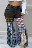 hulianfu - Black Street Plaid Print Patchwork High Waist Denim Jeans
