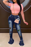 hulianfu - Baby Blue Casual Butterfly Print Patchwork Boot Cut Denim Jeans