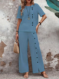Two-Piece Elegant Crew Neck Short Sleeve Top and Split Wide Leg Pants Set - Soft Micro Elastic Polyester Fabric, Solid Color, and Classic Style for Spring/Summer - Womens Clothing Outfit
